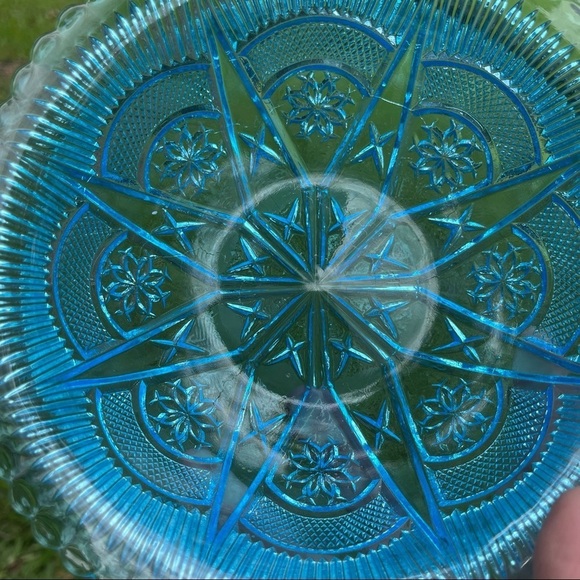 Blue Glass Serving Bowls Set Of 2 Snowflakes Stars Ruffled Rim Vintage - Picture 7 of 14